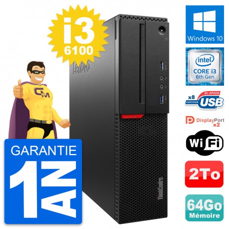PC Lenovo ThinkCentre M800 SFF Intel i3-6100 RAM 64Go Disque 2To Windows 10 Wifi