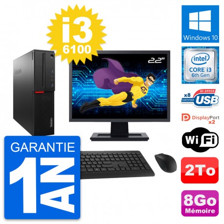 PC Lenovo M800 SFF Ecran 22" Intel i3-6100 RAM 8Go Disque 2To Windows 10 Wifi