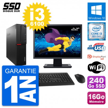 PC Lenovo M800 SFF Ecran 22" Intel i3-6100 RAM 16Go SSD 240Go Windows 10 Wifi