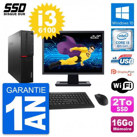 PC Lenovo M800 SFF Ecran 22" Intel Core i3-6100 RAM 16Go SSD 2To Windows 10 Wifi