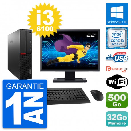 PC Lenovo M800 SFF Ecran 22" i3-6100 RAM 32Go Disque Dur 500Go Windows 10 Wifi