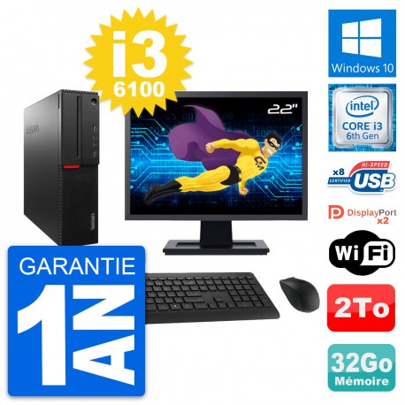 PC Lenovo M800 SFF Ecran 22" Intel i3-6100 RAM 32Go Disque 2To Windows 10 Wifi