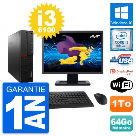 PC Lenovo M800 SFF Ecran 22" Intel i3-6100 RAM 64Go Disque 1To Windows 10 Wifi