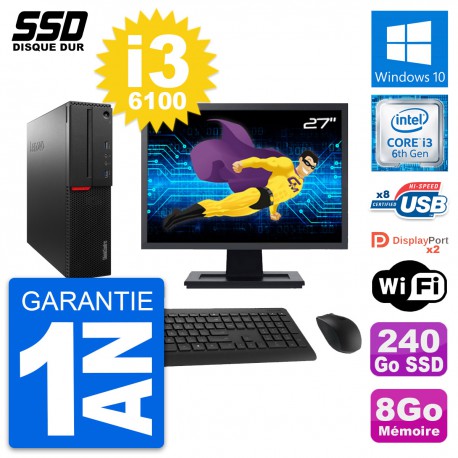 PC Lenovo M800 SFF Ecran 27" Intel i3-6100 RAM 8Go SSD 240Go Windows 10 Wifi