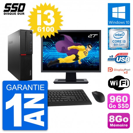 PC Lenovo M800 SFF Ecran 27" Intel i3-6100 RAM 8Go SSD 960Go Windows 10 Wifi