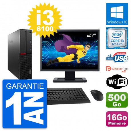 PC Lenovo M800 SFF Ecran 27" Intel i3-6100 RAM 16Go Disque 500Go Windows 10 Wifi