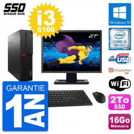 PC Lenovo M800 SFF Ecran 27" Intel Core i3-6100 RAM 16Go SSD 2To Windows 10 Wifi