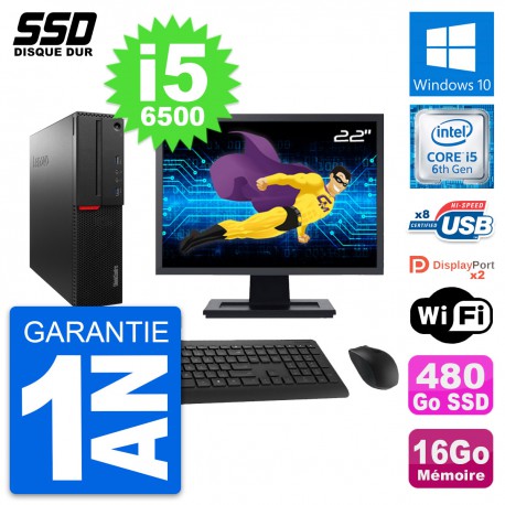 PC Lenovo M800 SFF Ecran 22" Intel i5-6500 RAM 16Go SSD 480Go Windows 10 Wifi