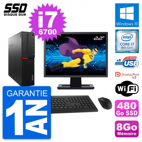 PC Lenovo M800 SFF Ecran 22" Intel i7-6700 RAM 8Go SSD 480Go Windows 10 Wifi