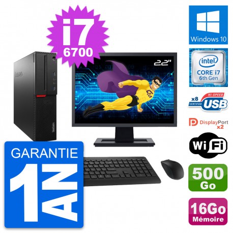 PC Lenovo M800 SFF Ecran 22" Intel i7-6700 RAM 16Go Disque 500Go Windows 10 Wifi