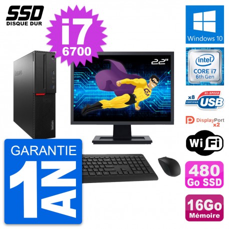 PC Lenovo M800 SFF Ecran 22" Intel i7-6700 RAM 16Go SSD 480Go Windows 10 Wifi