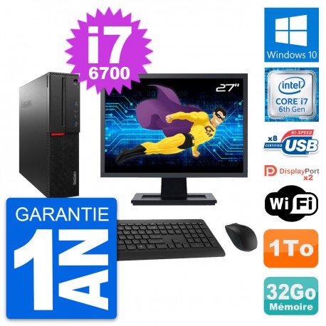 PC Lenovo M800 SFF Ecran 27" Intel i7-6700 RAM 32Go Disque 1To Windows 10 Wifi