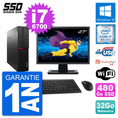 PC Lenovo M800 SFF Ecran 27" Intel i7-6700 RAM 32Go SSD 480Go Windows 10 Wifi