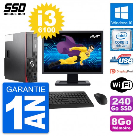 PC Fujitsu D556 DT Ecran 22" Intel i3-6100 RAM 8Go SSD 240Go Windows 10 Wifi