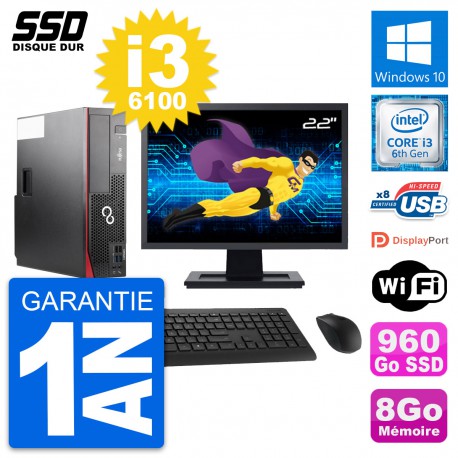 PC Fujitsu D556 DT Ecran 22" Intel i3-6100 RAM 8Go SSD 960Go Windows 10 Wifi