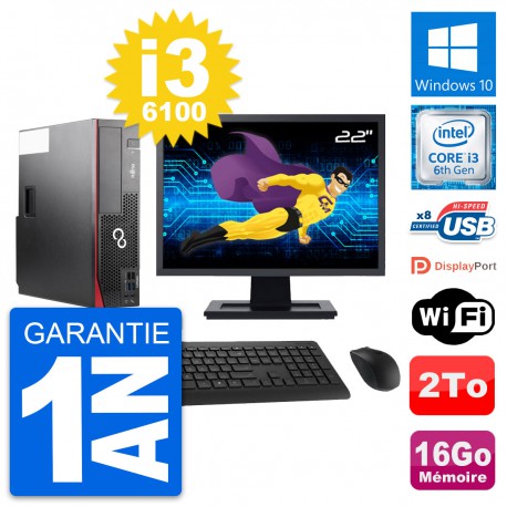 PC Fujitsu D556 DT Ecran 22" Intel i3-6100 RAM 16Go Disque 2To Windows 10 Wifi