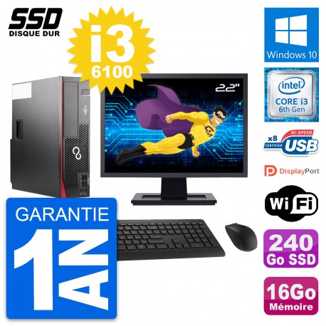 PC Fujitsu D556 DT Ecran 22" Intel i3-6100 RAM 16Go SSD 240Go Windows 10 Wifi