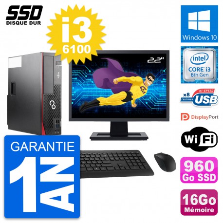 PC Fujitsu D556 DT Ecran 22" Intel i3-6100 RAM 16Go SSD 960Go Windows 10 Wifi