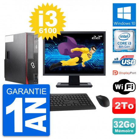 PC Fujitsu D556 DT Ecran 22" Intel i3-6100 RAM 32Go Disque 2To Windows 10 Wifi
