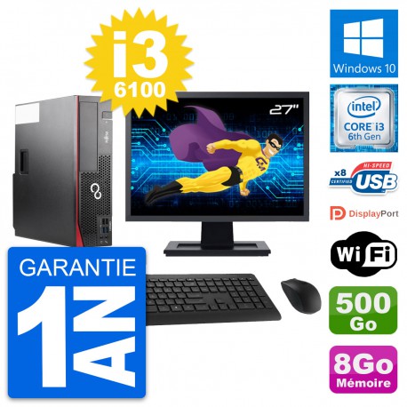 PC Fujitsu D556 DT Ecran 27" Intel i3-6100 RAM 8Go Disque 500Go Windows 10 Wifi