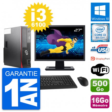 PC Fujitsu D556 DT Ecran 27" Intel i3-6100 RAM 16Go Disque 500Go Windows 10 Wifi