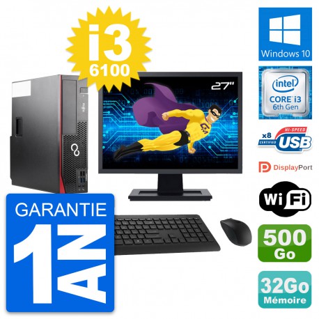PC Fujitsu D556 DT Ecran 27" Intel i3-6100 RAM 32Go Disque 500Go Windows 10 Wifi