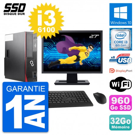 PC Fujitsu D556 DT Ecran 27" Intel i3-6100 RAM 32Go SSD 960Go Windows 10 Wifi
