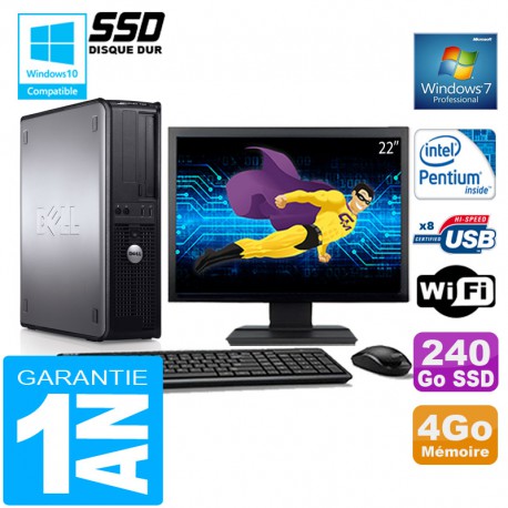 PC DELL 780 DT Intel E5300 Ram 4Go Disque 240 Go SSD Wifi W7 Ecran 22"