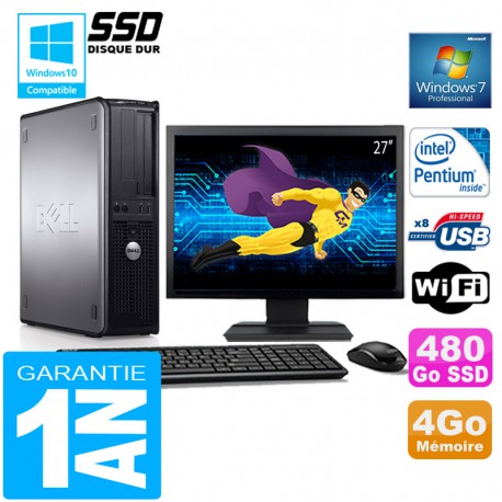 PC DELL 780 DT Intel E5300 Ram 4Go Disque 480 Go SSD Wifi W7 Ecran 27"