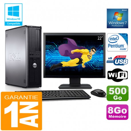 PC DELL 780 DT Intel E5300 Ram 8Go Disque 500 Go Wifi W7 Ecran 22"