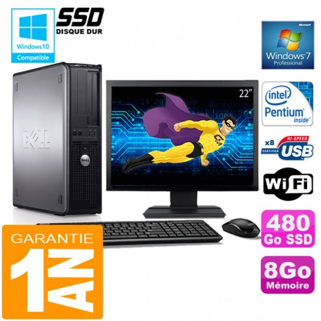 PC DELL 780 DT Intel E5300 Ram 8Go Disque 480 Go SSD Wifi W7 Ecran 22"