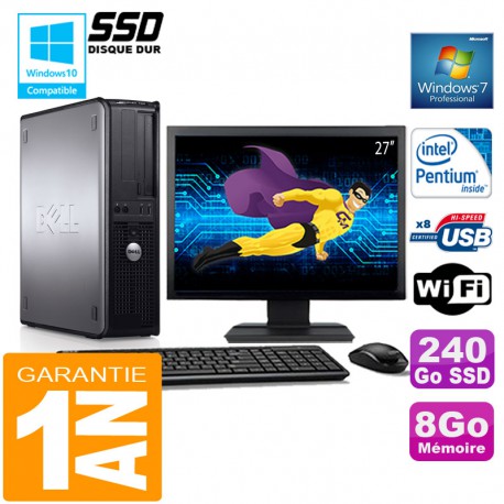 PC DELL 780 DT Intel E5300 Ram 8Go Disque 240 Go SSD Wifi W7 Ecran 27"