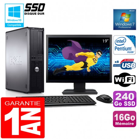 PC DELL 780 DT Intel E5300 Ram 16Go Disque 240 Go SSD Wifi W7 Ecran 19"