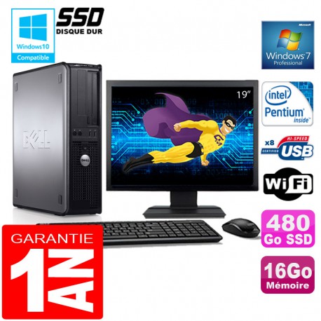 PC DELL 780 DT Intel E5300 Ram 16Go Disque 480 Go SSD Wifi W7 Ecran 19"