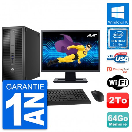 PC Tour HP 800 G2 Ecran 22" Intel G4400 RAM 64Go Disque Dur 2To Windows 10 Wifi