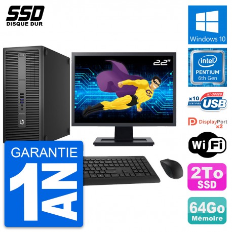 PC Tour HP EliteDesk 800 G2 Ecran 22" G4400 RAM 64Go SSD 2To Windows 10 Wifi