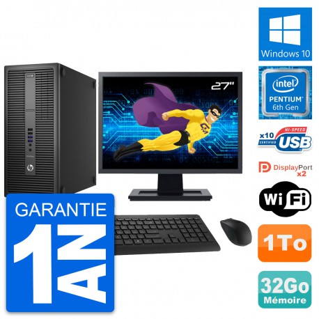 PC Tour HP 800 G2 Ecran 27" Intel G4400 RAM 32Go Disque Dur 1To Windows 10 Wifi