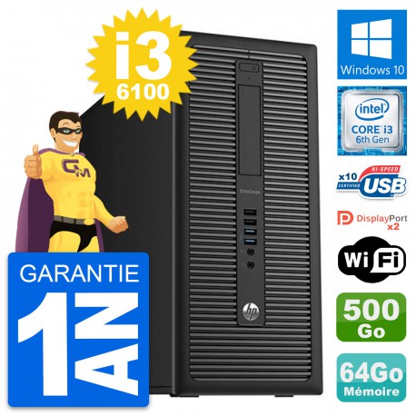 PC Tour HP EliteDesk 800 G2 Intel i3-6100 RAM 64Go Disque 500Go Windows 10 Wifi