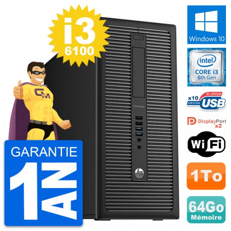 PC Tour HP EliteDesk 800 G2 Intel i3-6100 RAM 64Go Disque Dur 1To Windows 10 Wifi