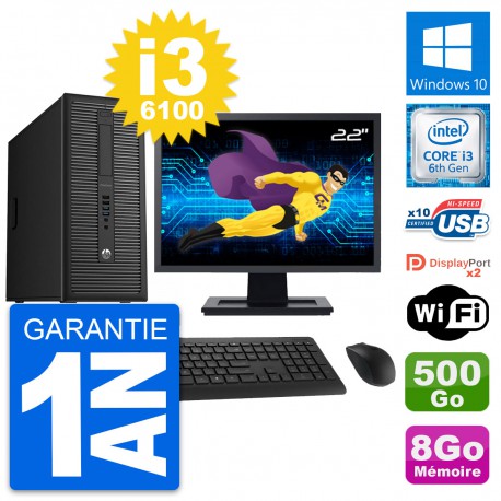 PC Tour HP 800 G2 Ecran 22" Intel i3-6100 RAM 8Go Disque Dur 500Go Windows 10 Wifi
