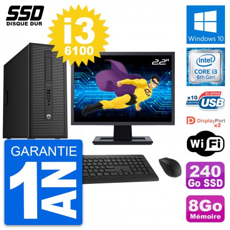 PC Tour HP EliteDesk 800 G2 Ecran 22" i3-6100 RAM 8Go SSD 240Go Windows 10 Wifi