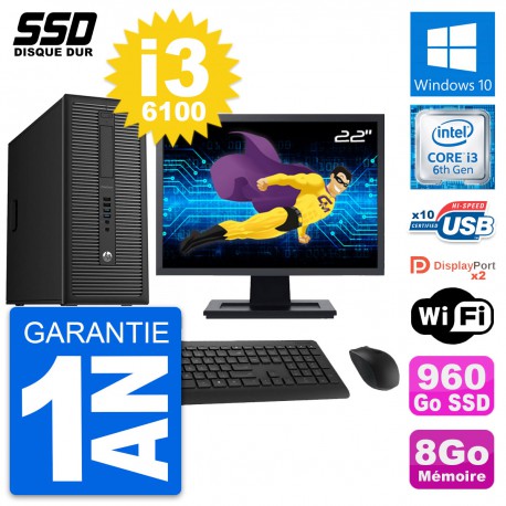 PC Tour HP EliteDesk 800 G2 Ecran 22" i3-6100 RAM 8Go SSD 960Go Windows 10 Wifi