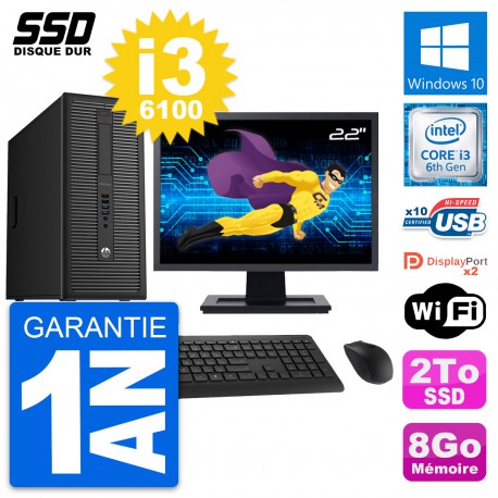 PC Tour HP EliteDesk 800 G2 Ecran 22" i3-6100 RAM 8Go SSD 2To Windows 10 Wifi