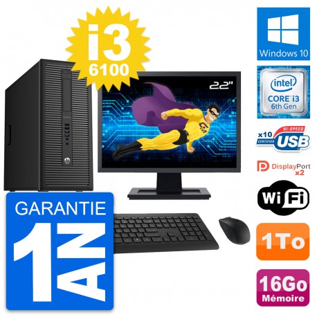 PC Tour HP 800 G2 Ecran 22" Intel i3-6100 RAM 16Go Disque Dur 1To Windows 10 Wifi