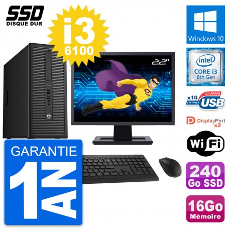 PC Tour HP EliteDesk 800 G2 Ecran 22" i3-6100 RAM 16Go SSD 240Go Windows 10 Wifi