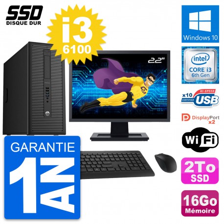 PC Tour HP EliteDesk 800 G2 Ecran 22" i3-6100 RAM 16Go SSD 2To Windows 10 Wifi