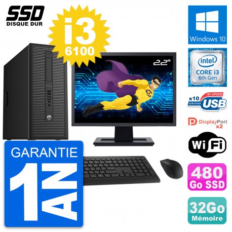 PC Tour HP EliteDesk 800 G2 Ecran 22" i3-6100 RAM 32Go SSD 480Go Windows 10 Wifi