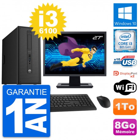 PC Tour HP EliteDesk 800 G2 Ecran 27" i3-6100 RAM 8Go Disque 1To Windows 10 Wifi