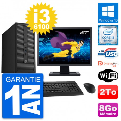 PC Tour HP EliteDesk 800 G2 Ecran 27" i3-6100 RAM 8Go Disque 2To Windows 10 Wifi