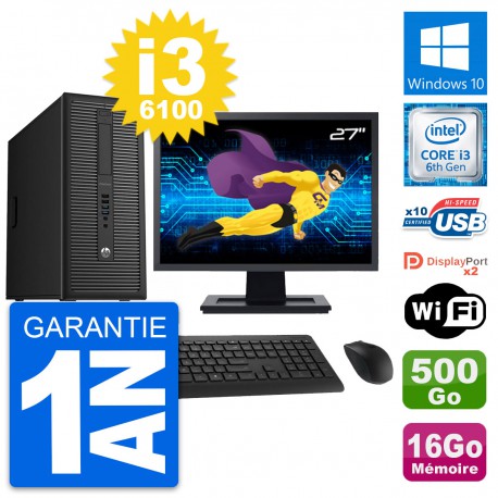 PC Tour HP 800 G2 Ecran 27" Intel i3-6100 RAM 16Go Disque 500Go Windows 10 Wifi